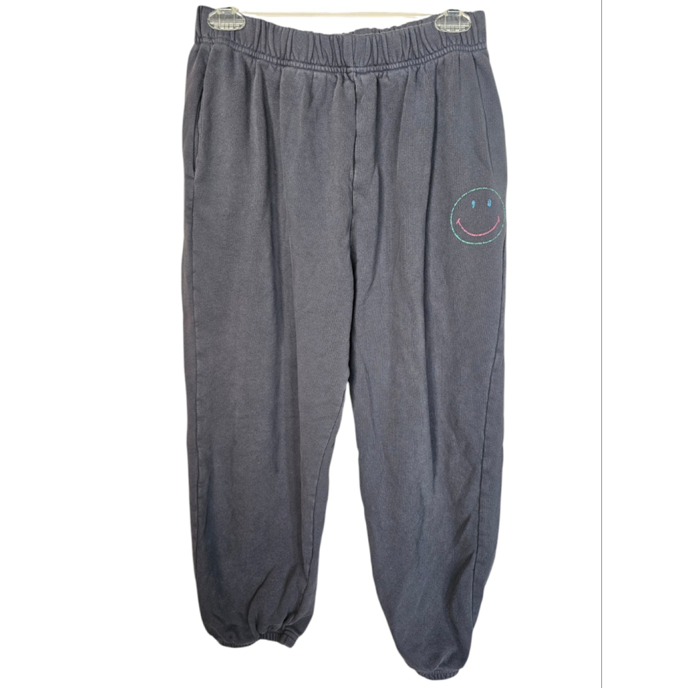 Miou Muse Josie Jogger Pants French Terry Charcoal Grey Smiley Face Size Med EUC